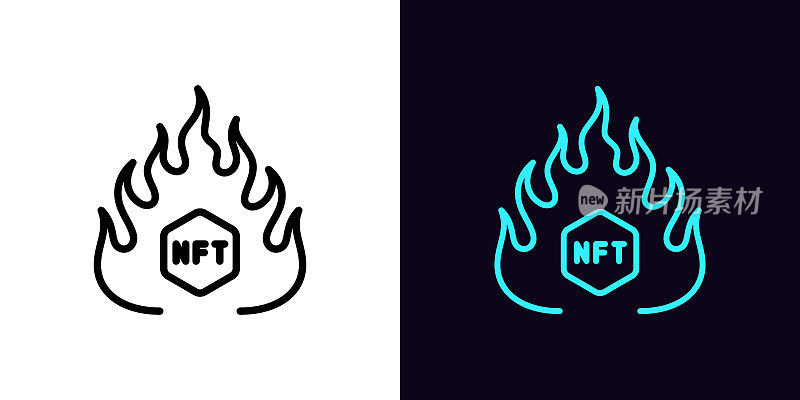概述热门NFT报价图标，具有可编辑的笔画。Fire frame with NFT sign，游戏代币清算。热NFT收集，燃烧数字代币，NFT市场，虚拟加密货币。